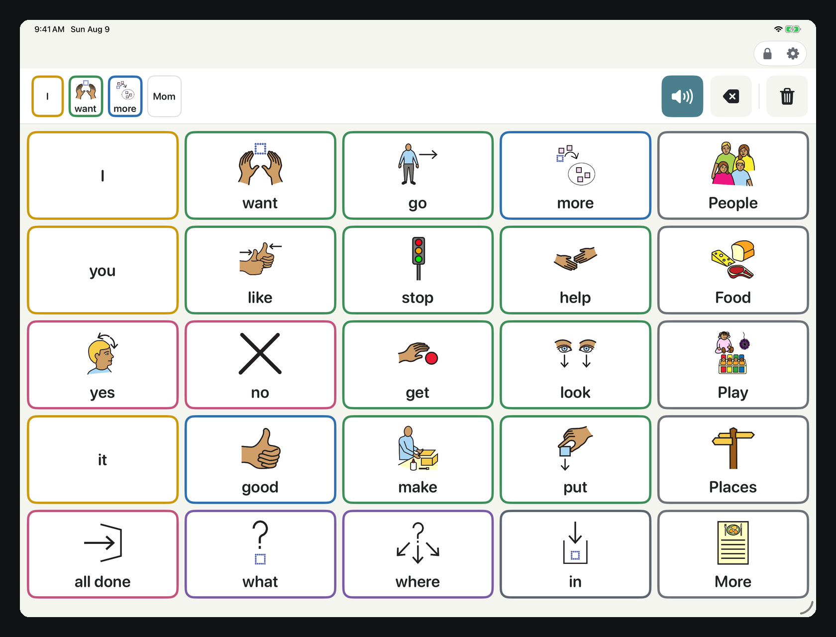 The Effara core board on an iPad: a calm grid of white symbol buttons edged in part-of-speech colors — I, want, go, more, you, like, stop, help — with the message bar reading 'I want more Mom' and folders for People, Food, Play, and Places.